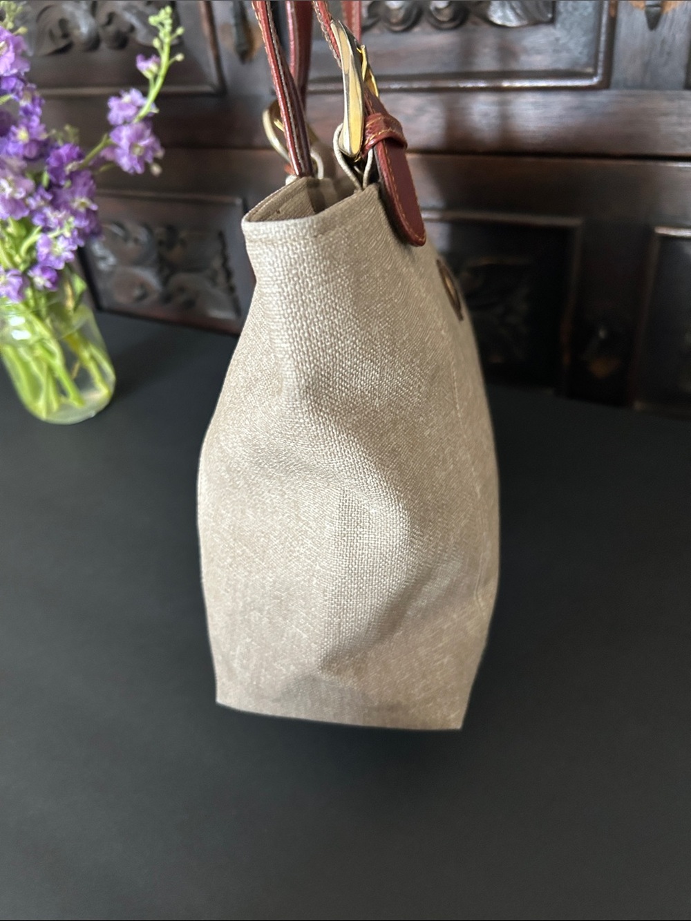 Beautiful Beige Canvas Tote with Brown Leather Straps - Picture 7 of 13